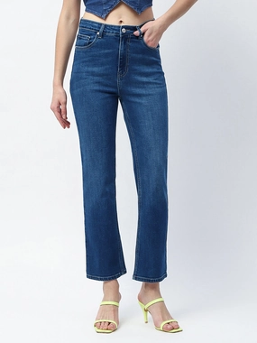 Madame Whiskered Straight Fit Dark Blue Cotton Blend Jeans Layered Knee Panels Timeless casual