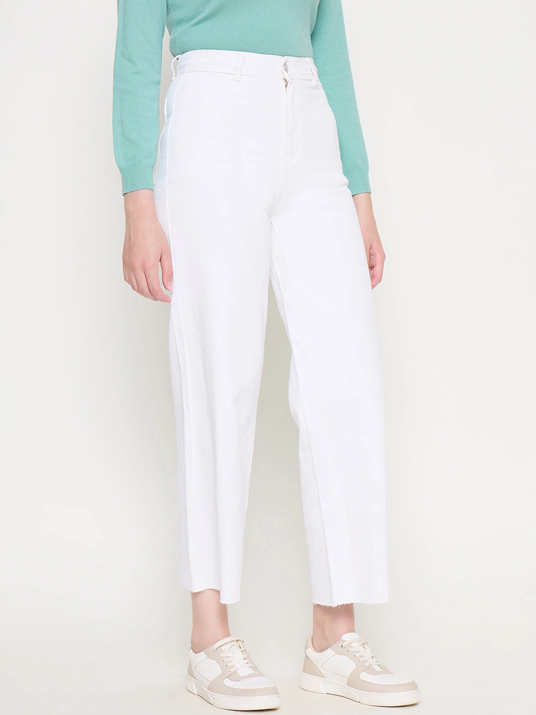 Affordable Neutral Holiday Vibes Madame White Wide Leg Cotton Blend Denim