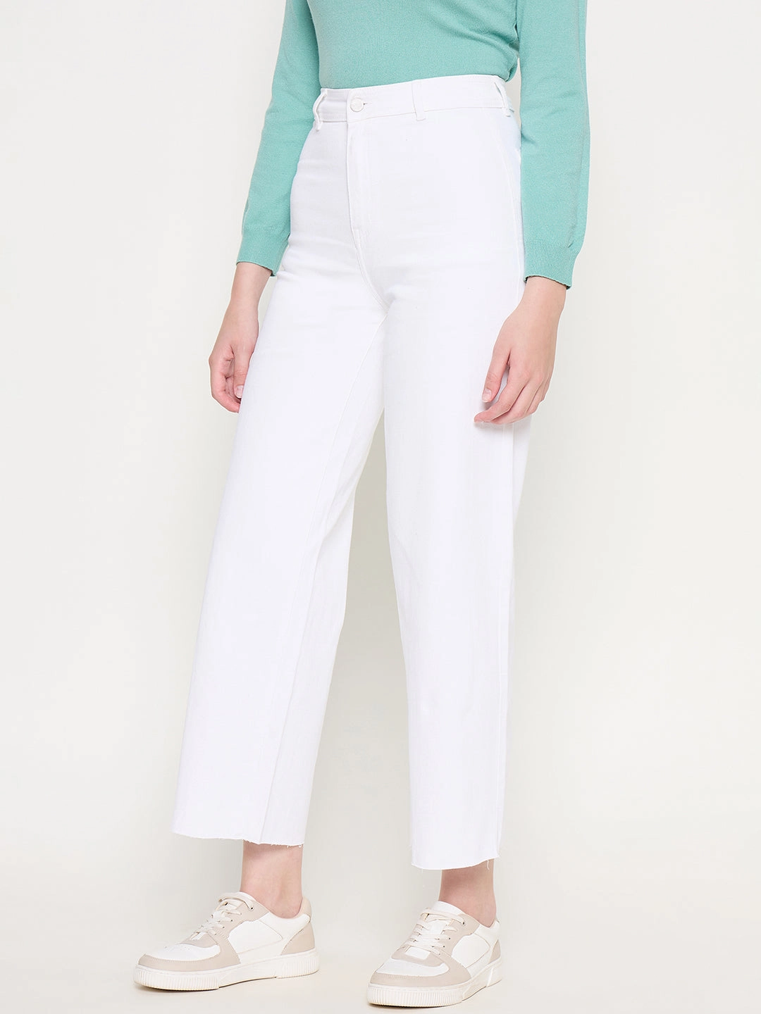Madame White Wide Leg Cotton Blend Denim Fit Essential Sporty Look