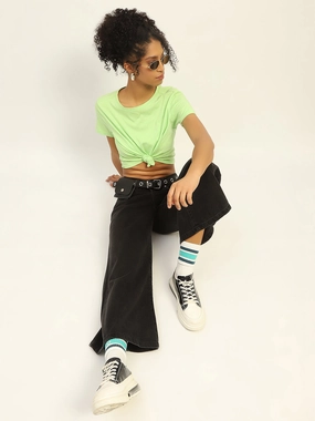 Fashion Lover Durable Minimalist Style Madame Wide Leg Charcoal Cotton Denim