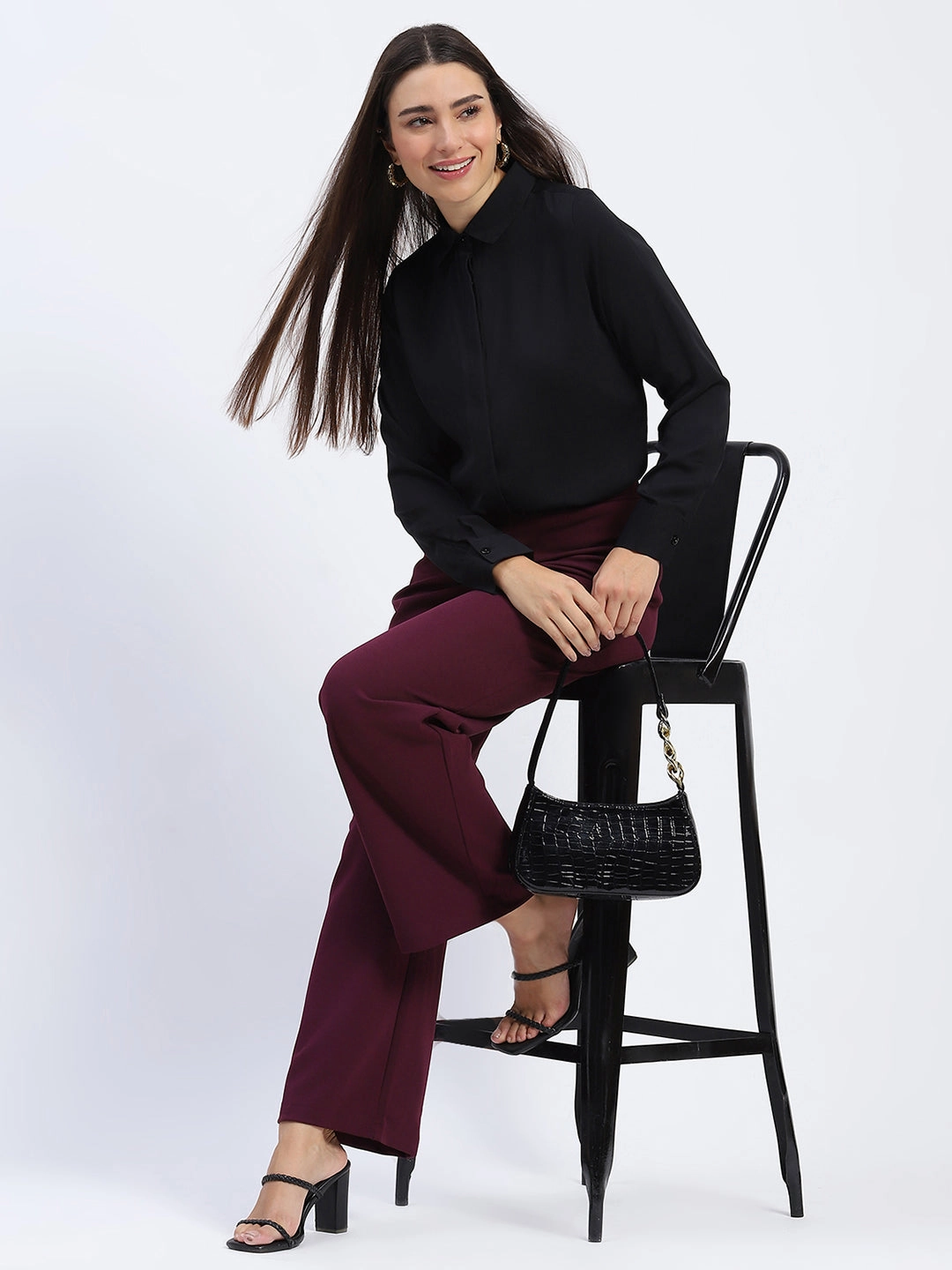 Fit Comfort Madame Wide Legged Solid Plum Trousers