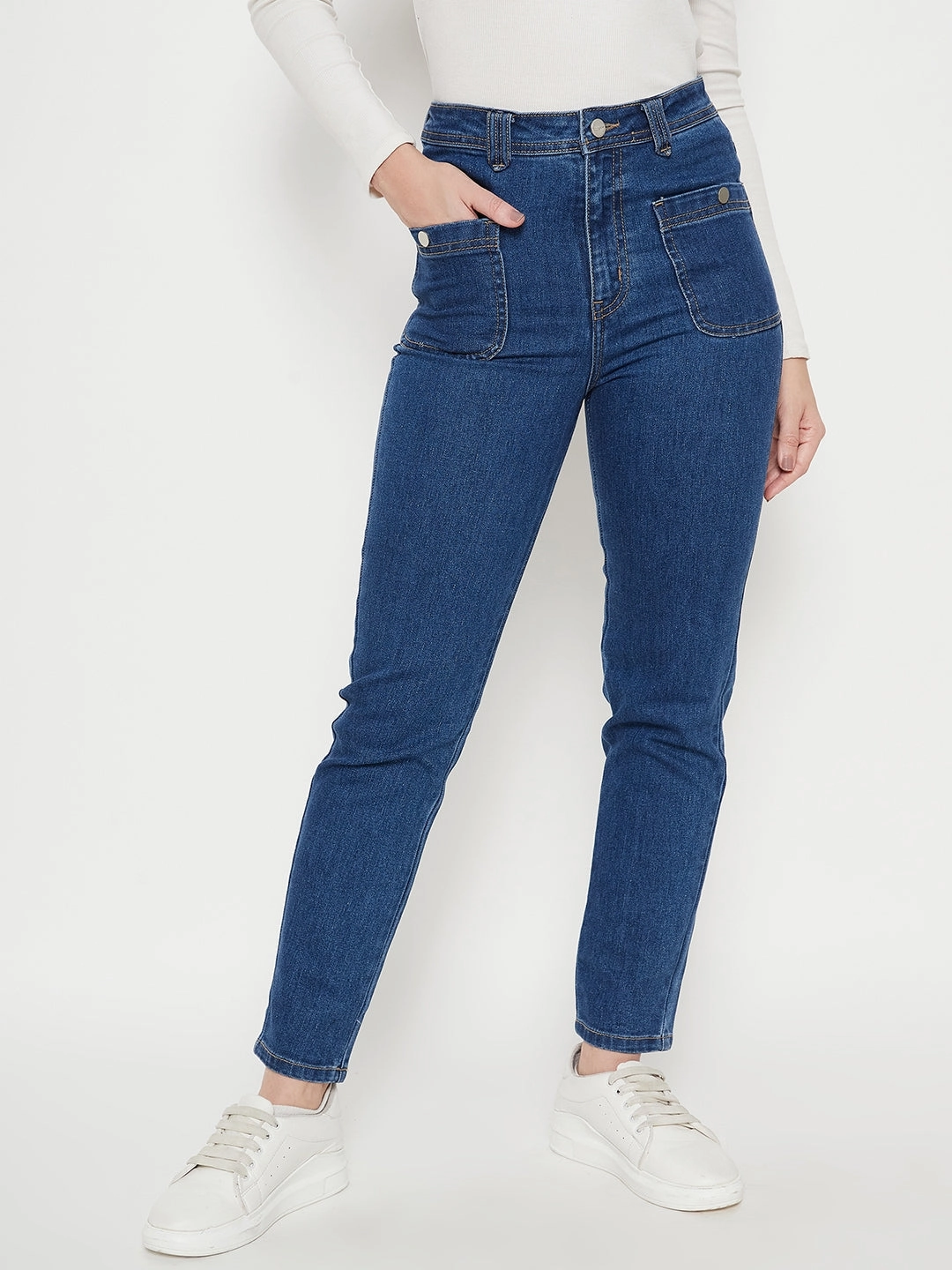 Grab And Go Tapered Leg Profile Madame Women Solid Dark Blue Jeans