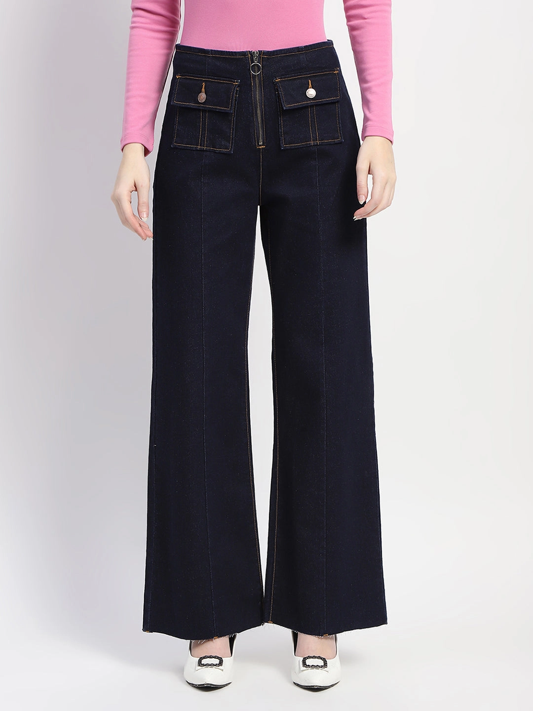 Madame Zipped Flap Patch Flared Carbon Blue Denim Relaxed Style Outdoor Enthusiast Evening Stroll