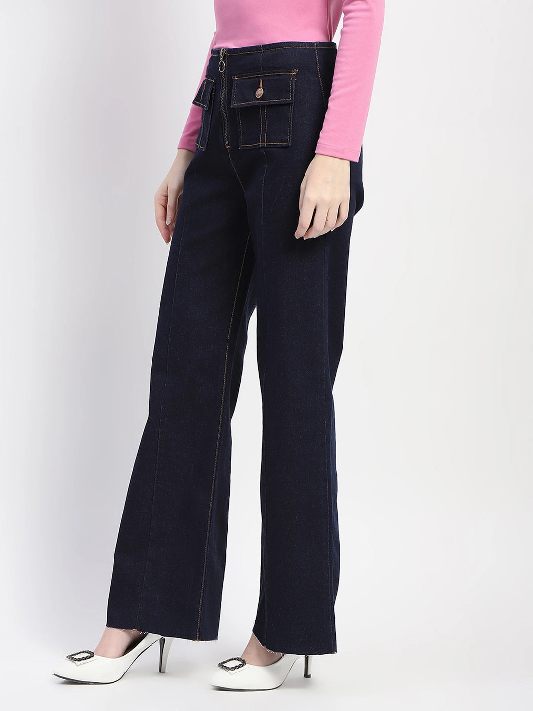 Madame Zipped Flap Patch Flared Carbon Blue Denim Easy Fashion Daily Essentials