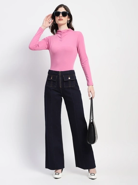 Madame Zipped Flap Patch Flared Carbon Blue Denim Party Look Couple Look Earthy Comfy Waist