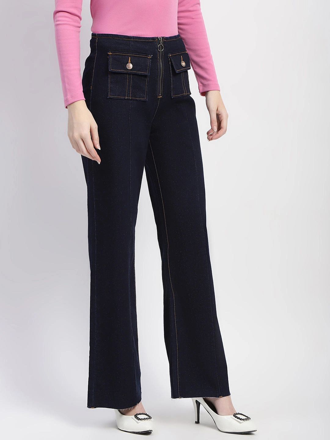 Earthy Soft Weekend Getaway Stylish Madame Zipped Flap Patch Flared Carbon Blue Denim