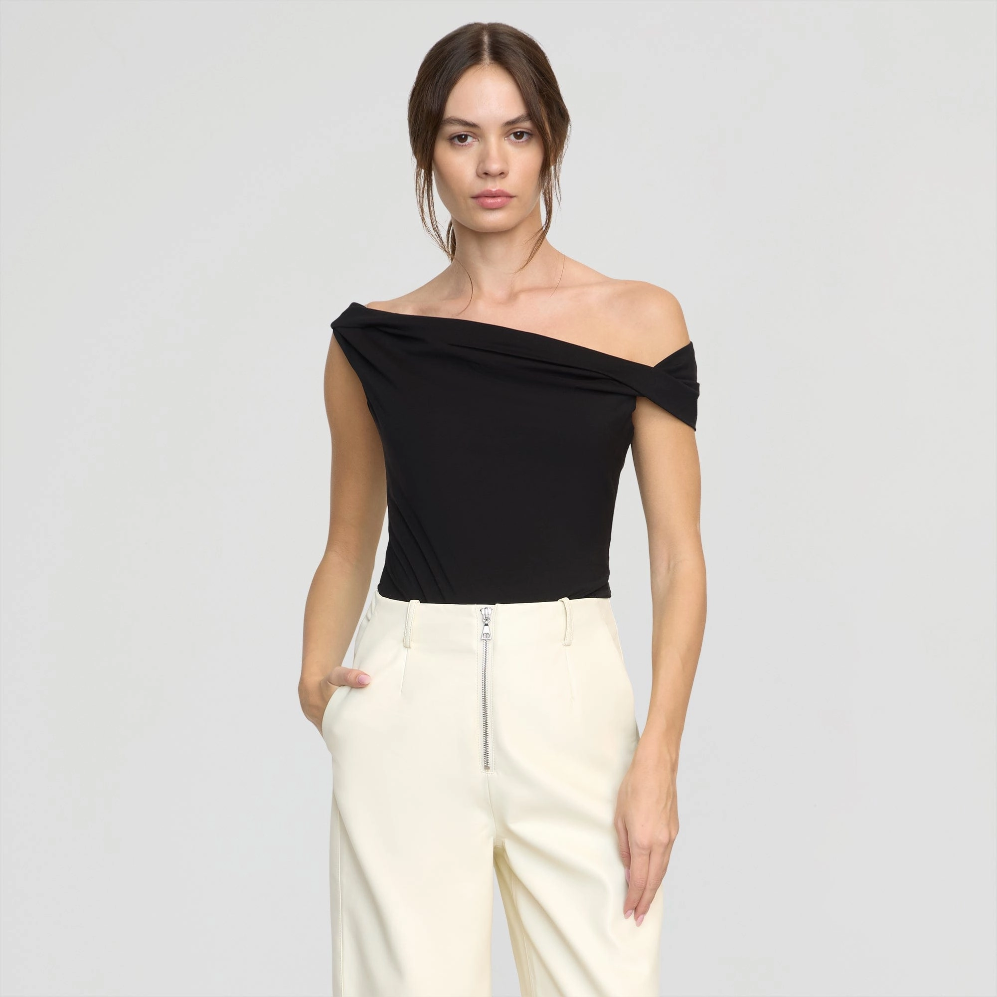 Premium Material Casual Flex Fit Mai Asymmetric Off-Shoulder Tee