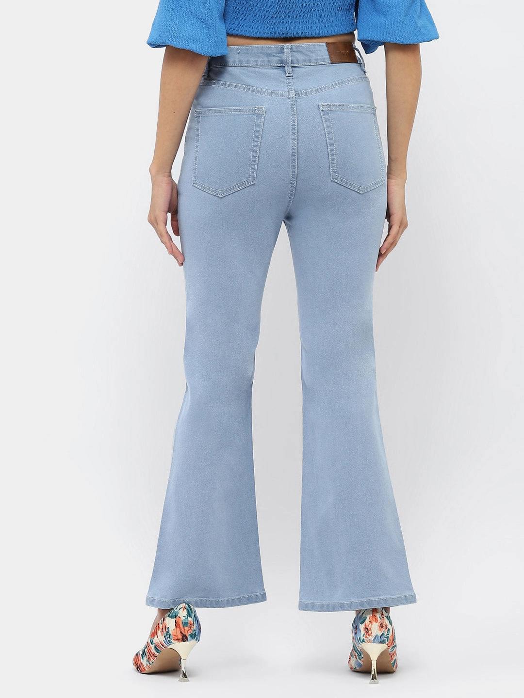 Regular Style Madame Solid Light Blue Flared Denim Jeans