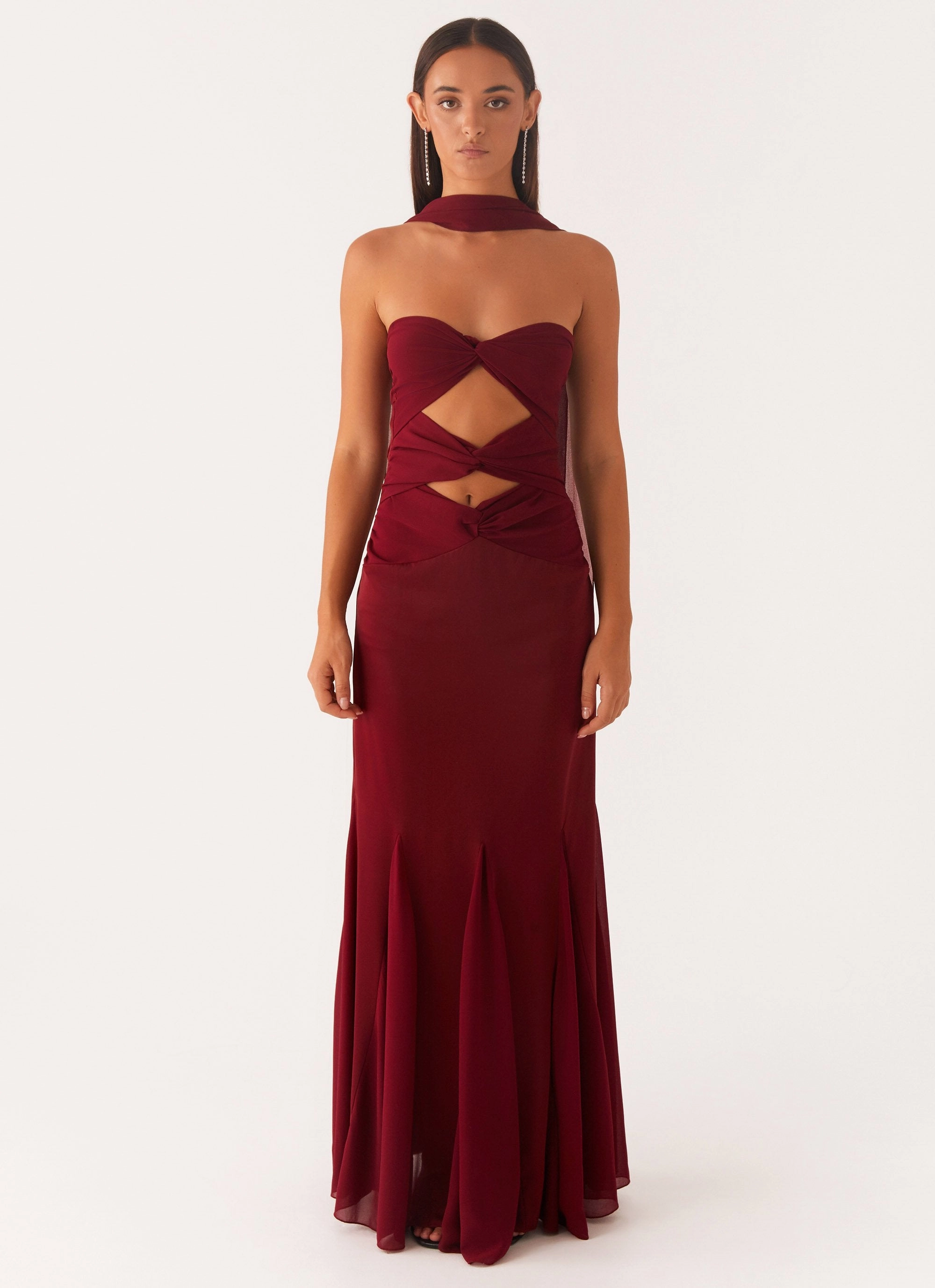 Evening Look Edgy Twist Melrose Satin Chiffon Maxi Dress - Deep Red