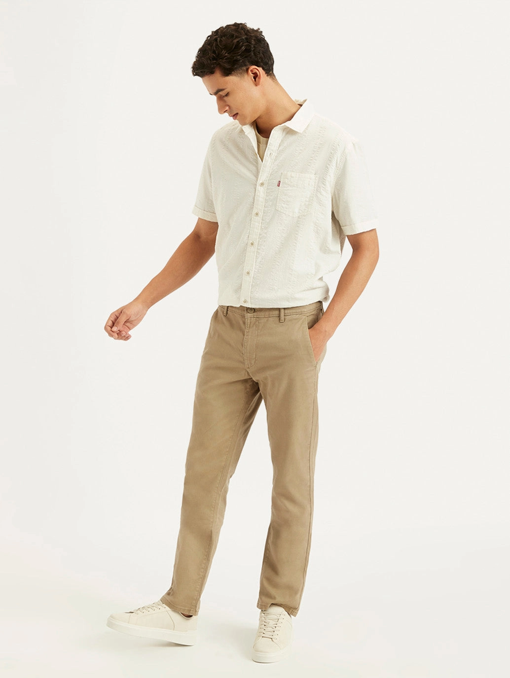 Men's Beige Slim Fit Chinos Slim Waist Breathable Stretch