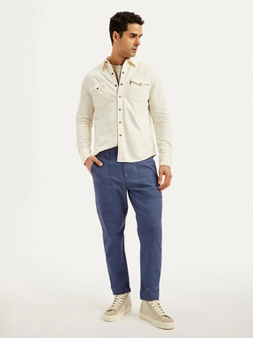 Sleek and Soft Men's Blue Slim Tapered Fit Utility Linen Trousers