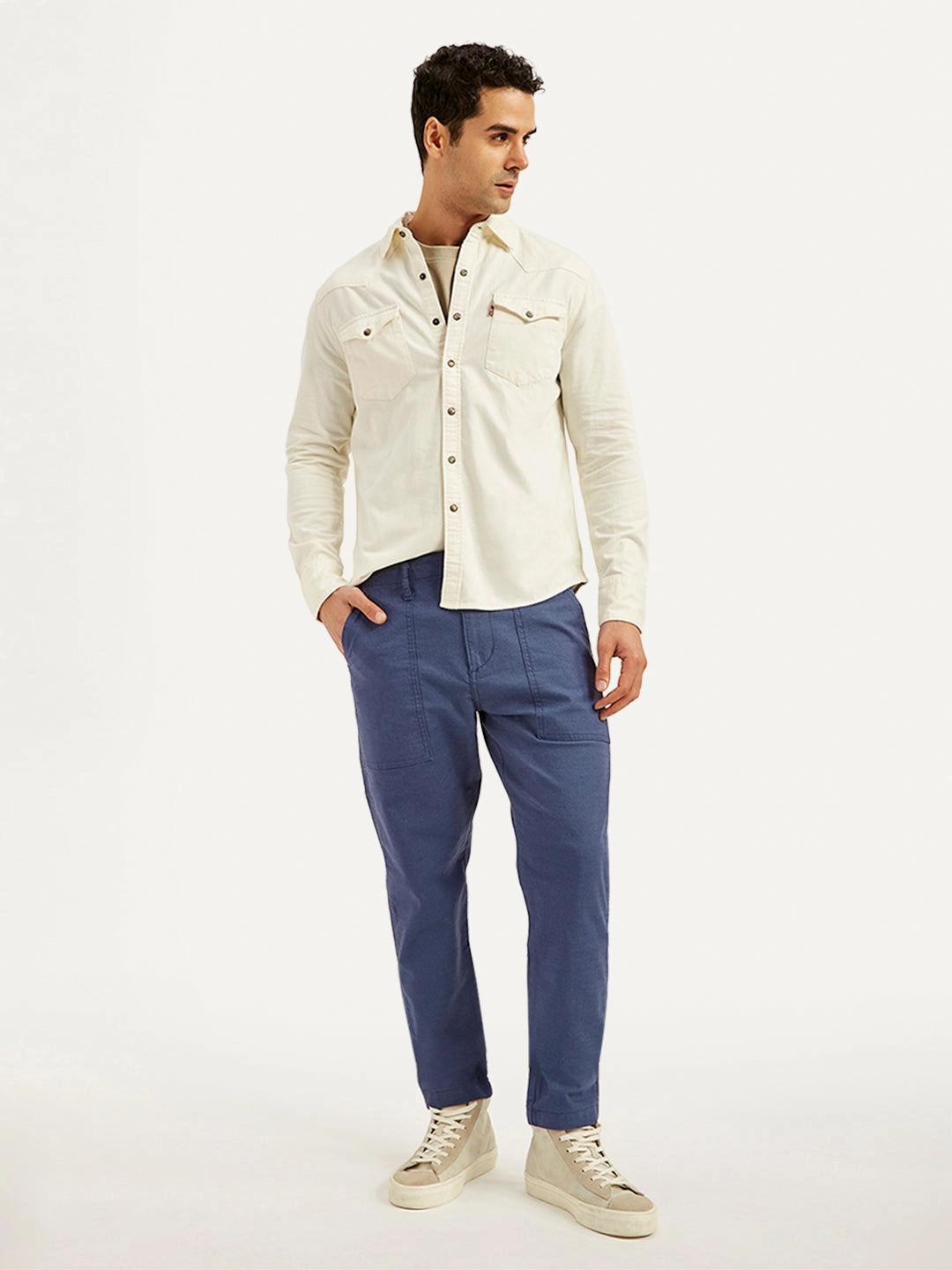 WindproofLayer Men's Blue Slim Tapered Fit Utility Linen Trousers
