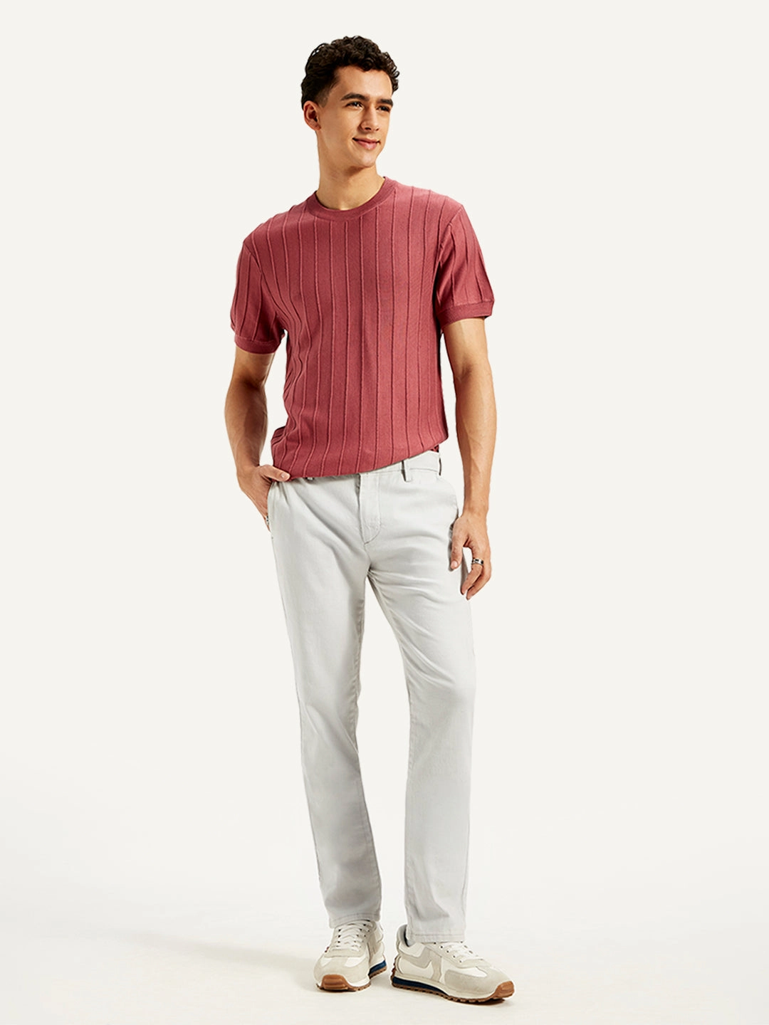 No Fuss Men's Redloop Light-Grey Slim Fit Linen Chinos