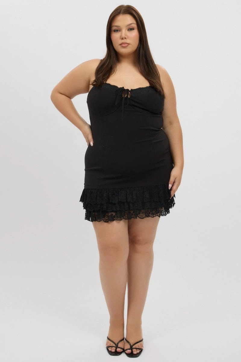 Black Lace Hem Frill Shoestring Strap Fitted Minidress Neutral Finish Soft Fashion