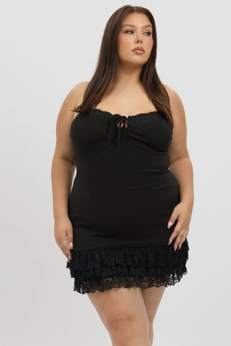 Work Ready Black Lace Hem Frill Shoestring Strap Fitted Minidress