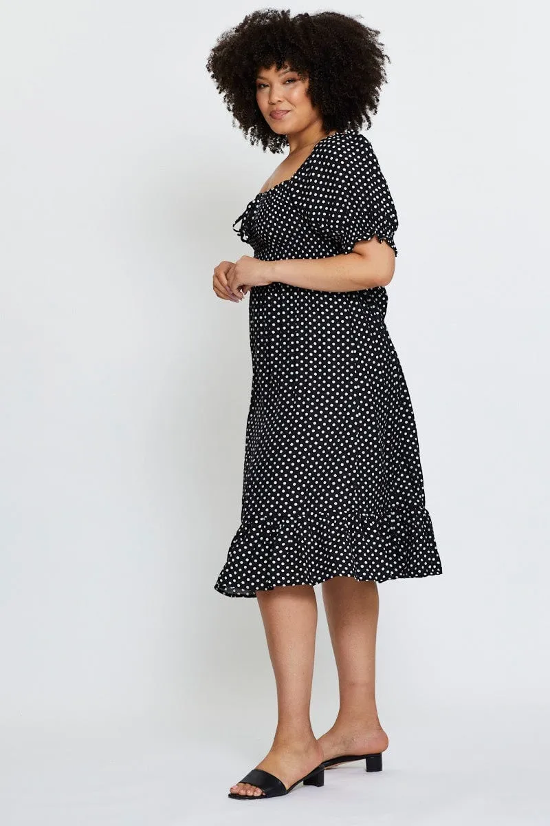 Simple Ease Subtle Drape Polka Dot Skater Dress Square Neck Short Sleeve
