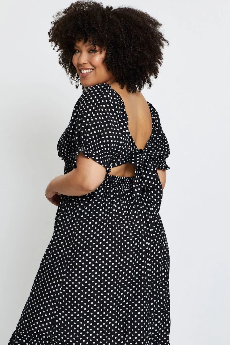 Velvet-Edge Polka Dot Skater Dress Square Neck Short Sleeve