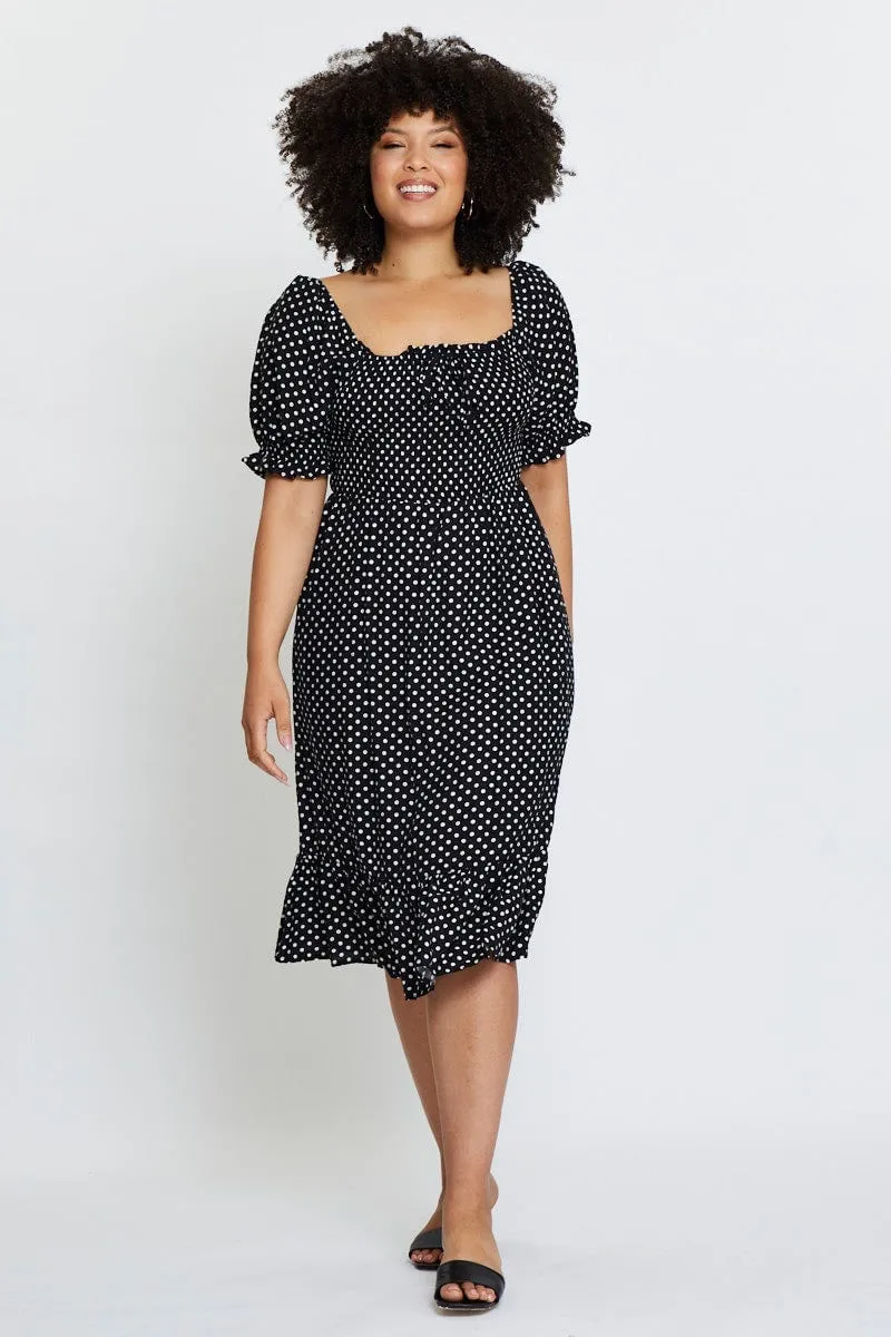 Polka Dot Skater Dress Square Neck Short Sleeve Chill Style