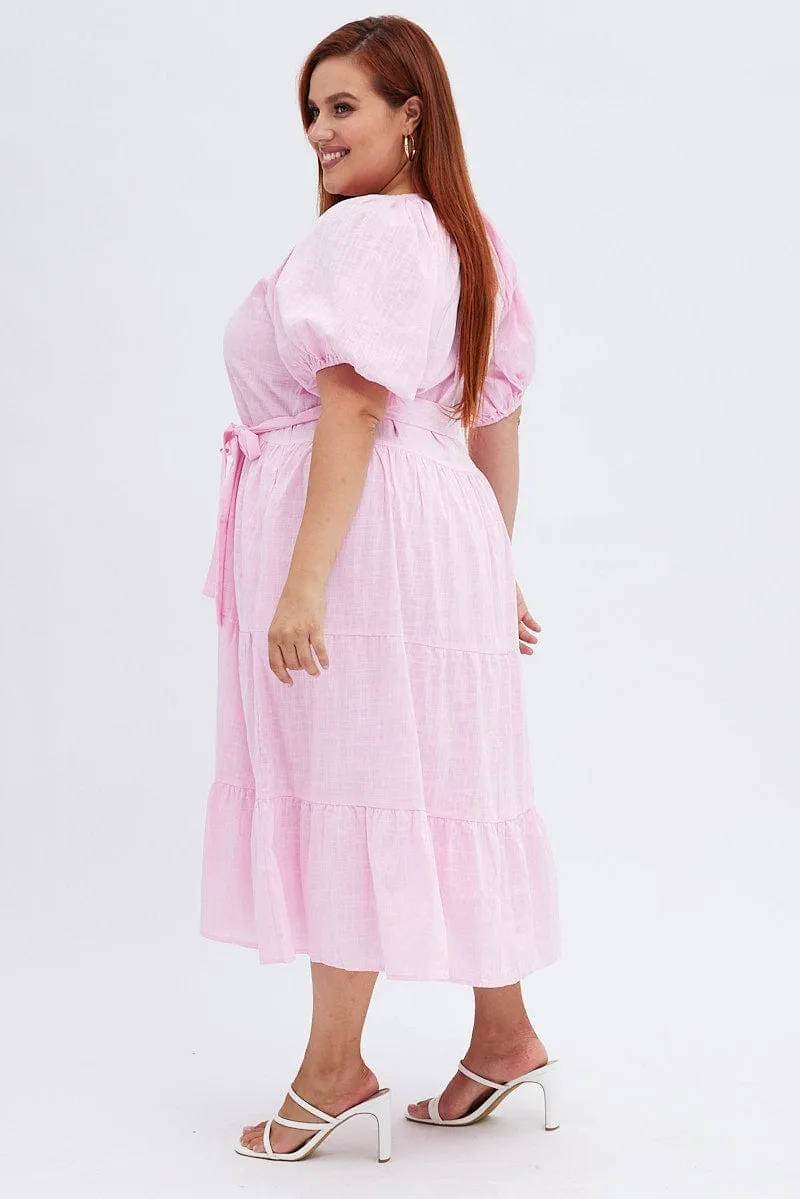 Pink Midi Dress Tiered Notch Collar Belted Chic Appeal Feminine Line