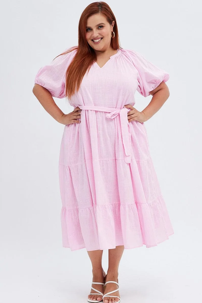 Flowy Layers All Inclusive Pink Midi Dress Tiered Notch Collar Belted