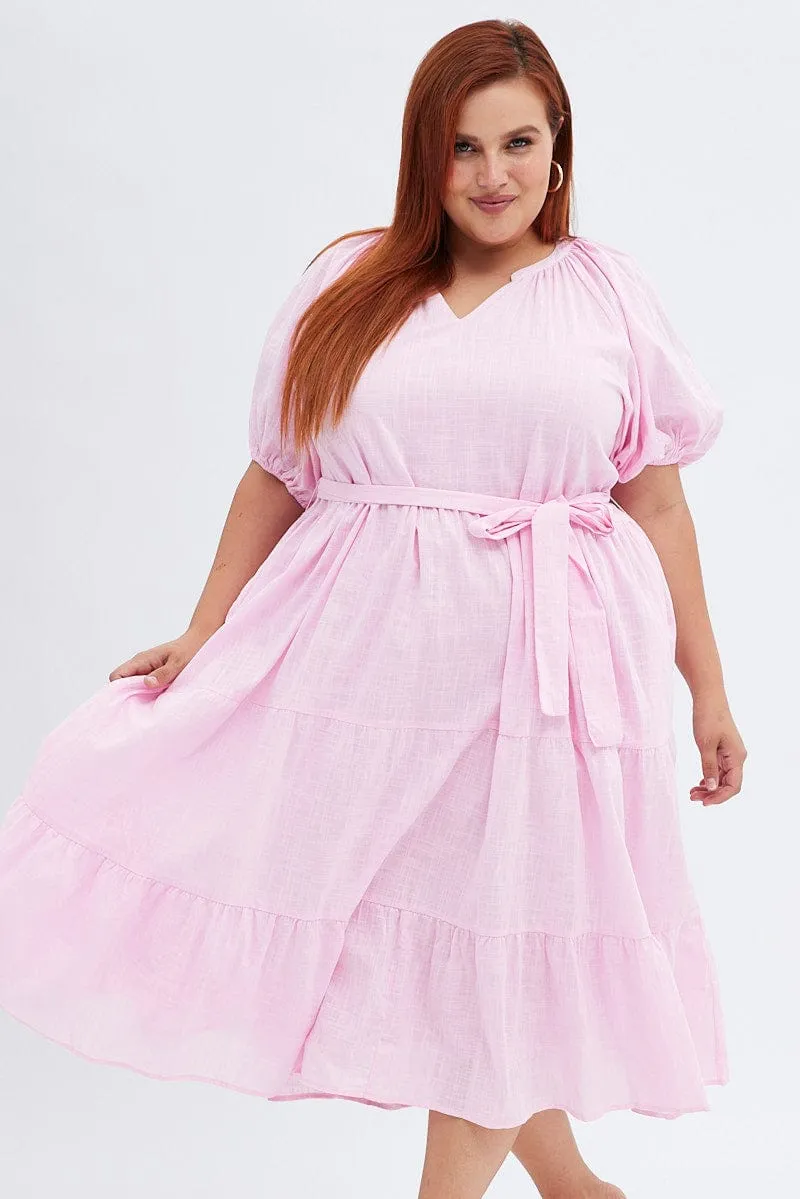Rose Soft ConvertibleNeckline Pink Midi Dress Tiered Notch Collar Belted
