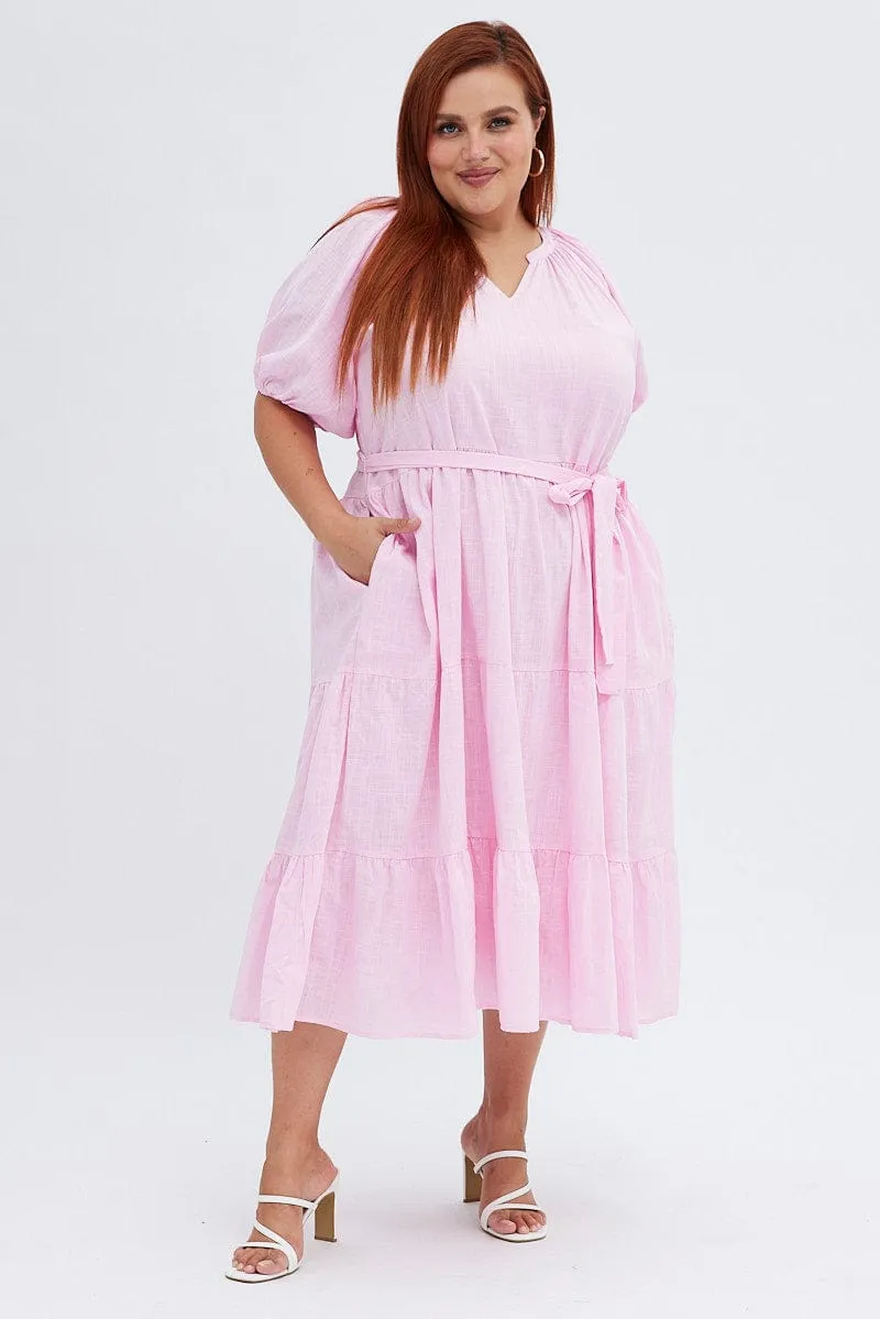 SustainableCotton Pink Midi Dress Tiered Notch Collar Belted