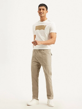 Men's Beige Slim Fit Utility Linen Trousers Modern Comfort Day Wear