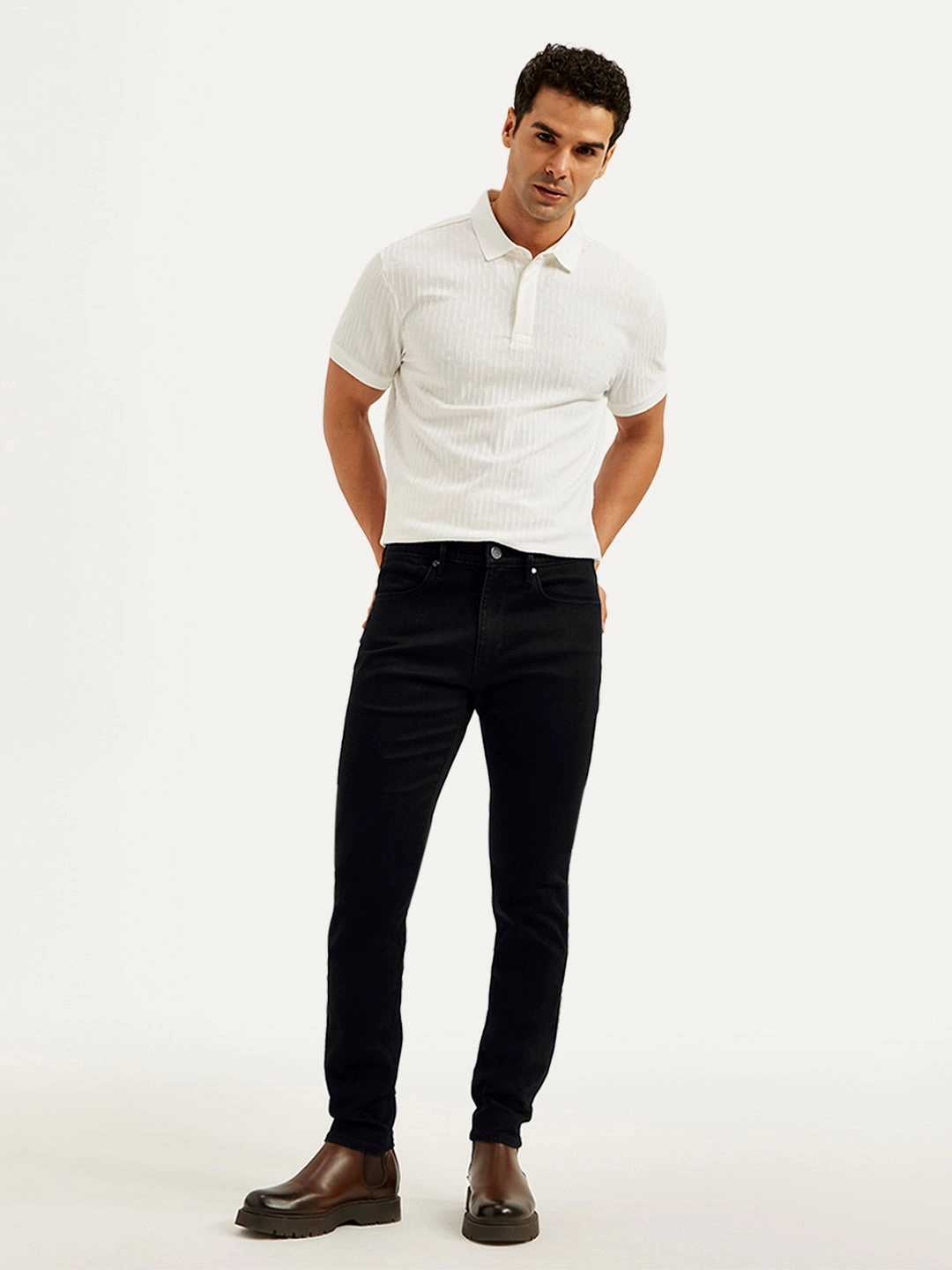 Men's Redloop 512 Black Slim Tapered Fit Mid Rise Jeans Textured Loose Luxury Slim Modern