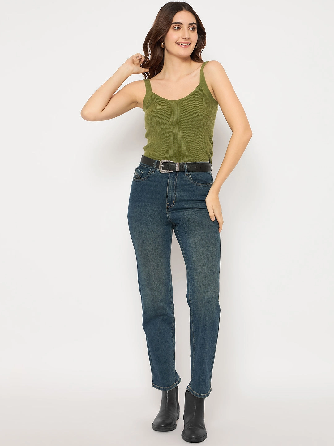 Madame Cotton Blend Stone Wash Straight Fit Tinted Blue Denim Jeans Soft Wash Treatment Go Out Style