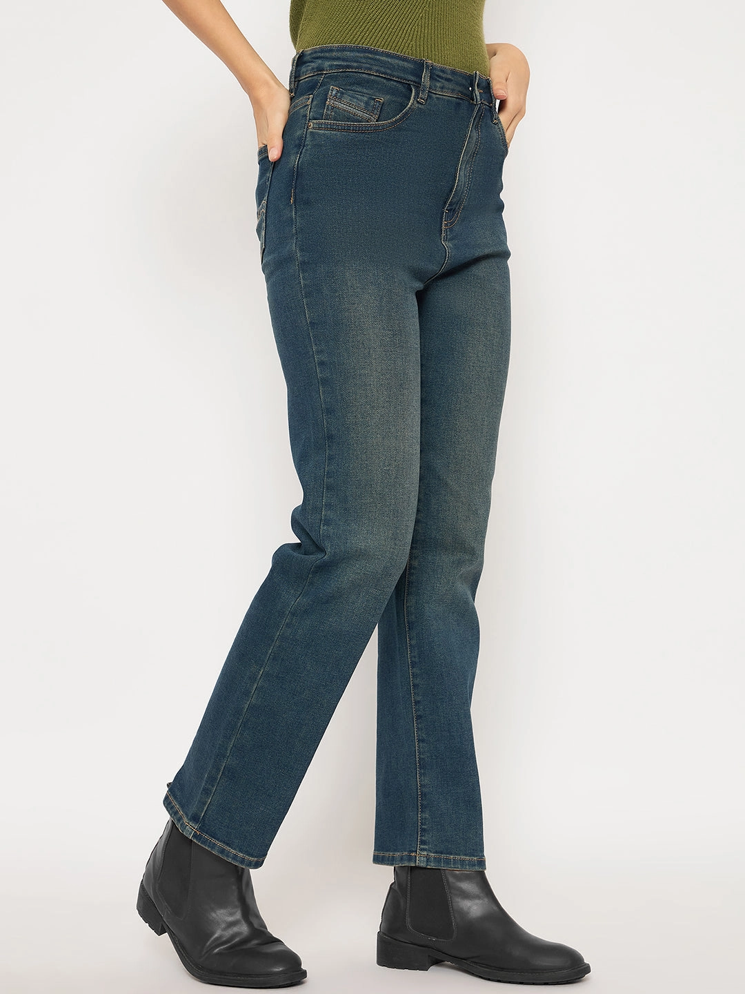 Madame Cotton Blend Stone Wash Straight Fit Tinted Blue Denim Jeans Essential Comfort