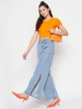 Madame Blue Slit Denim Lightweight Denim Blend Weekend Getaway Stylish