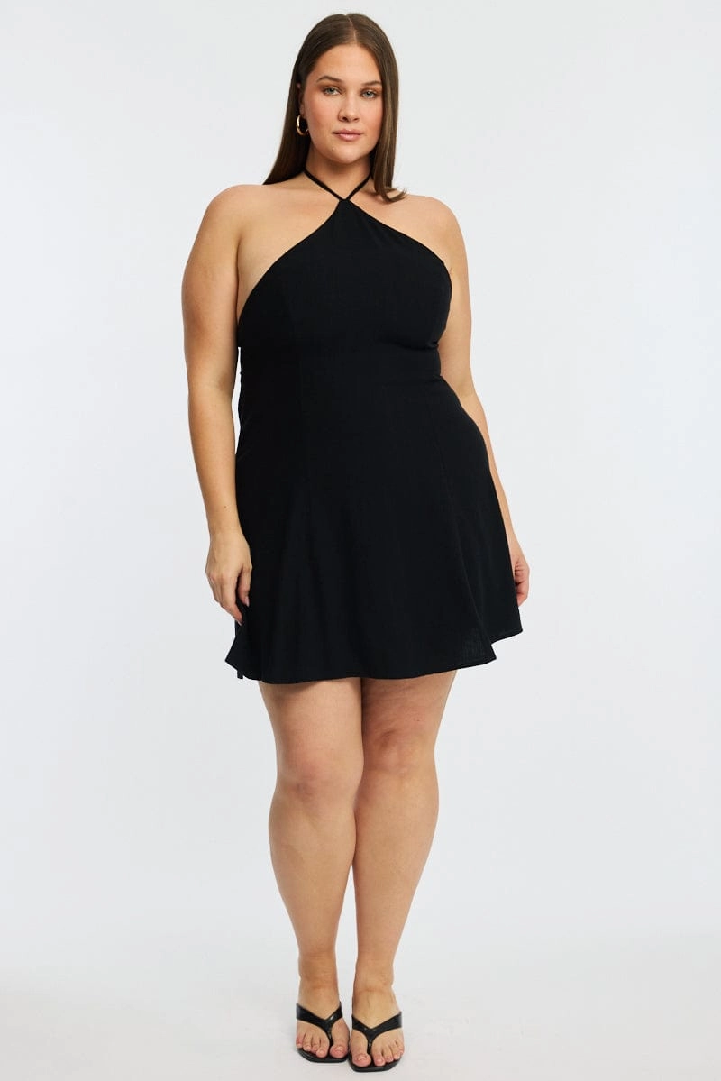 Elegant Silhouette Timeless Layering Black Skater Dress Halter Neck