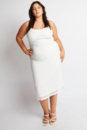 Everyday-Comfort White Open Knit Bodycon Maxi Dress