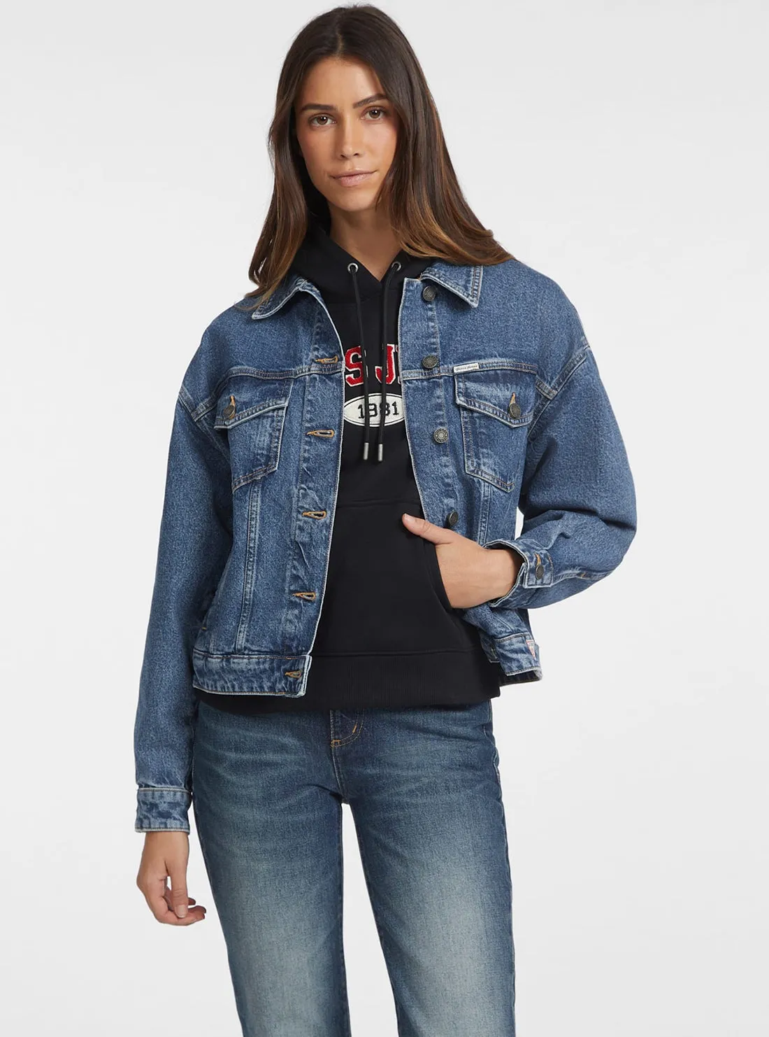 Guess Jeans Blue Denim Trucker Jacket Thermal Lined SeamlessBonding