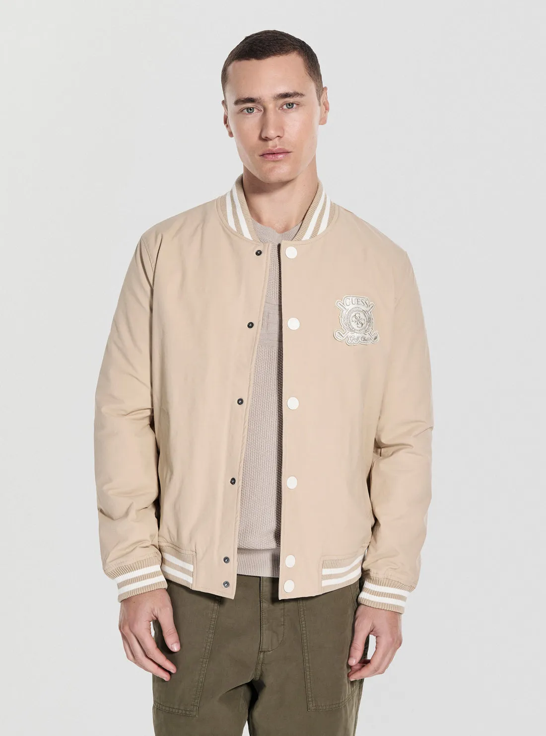 SlipResistantFastenings Beige Emblem Bomber Jacket