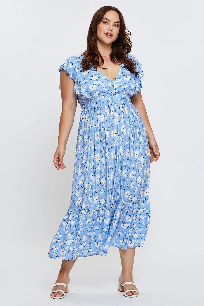 Floral Print Maxi Dress V-neck Short Sleeve Contemporary Look