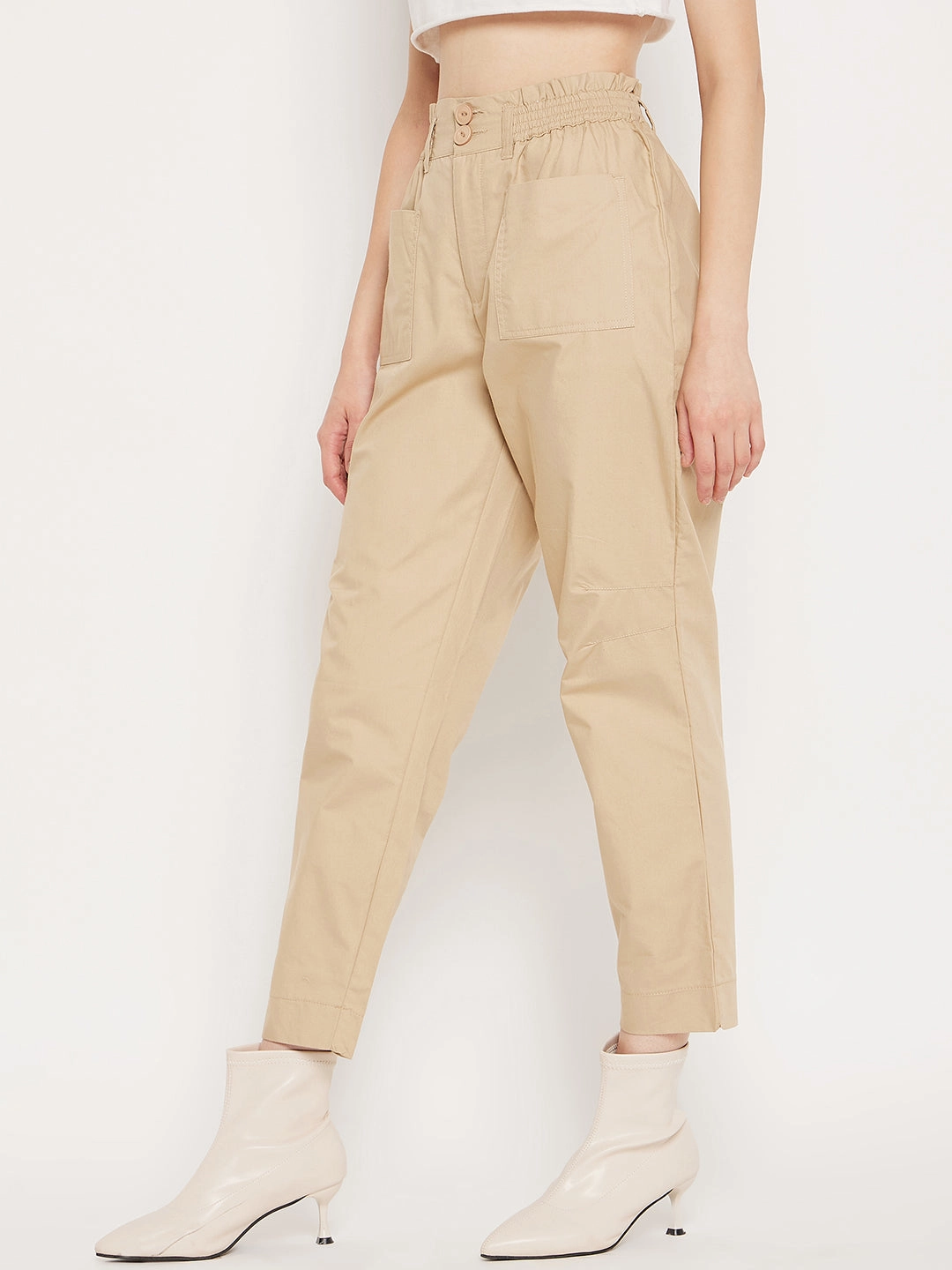 work mode Madame Beige Ankle Length Cotton Trousers