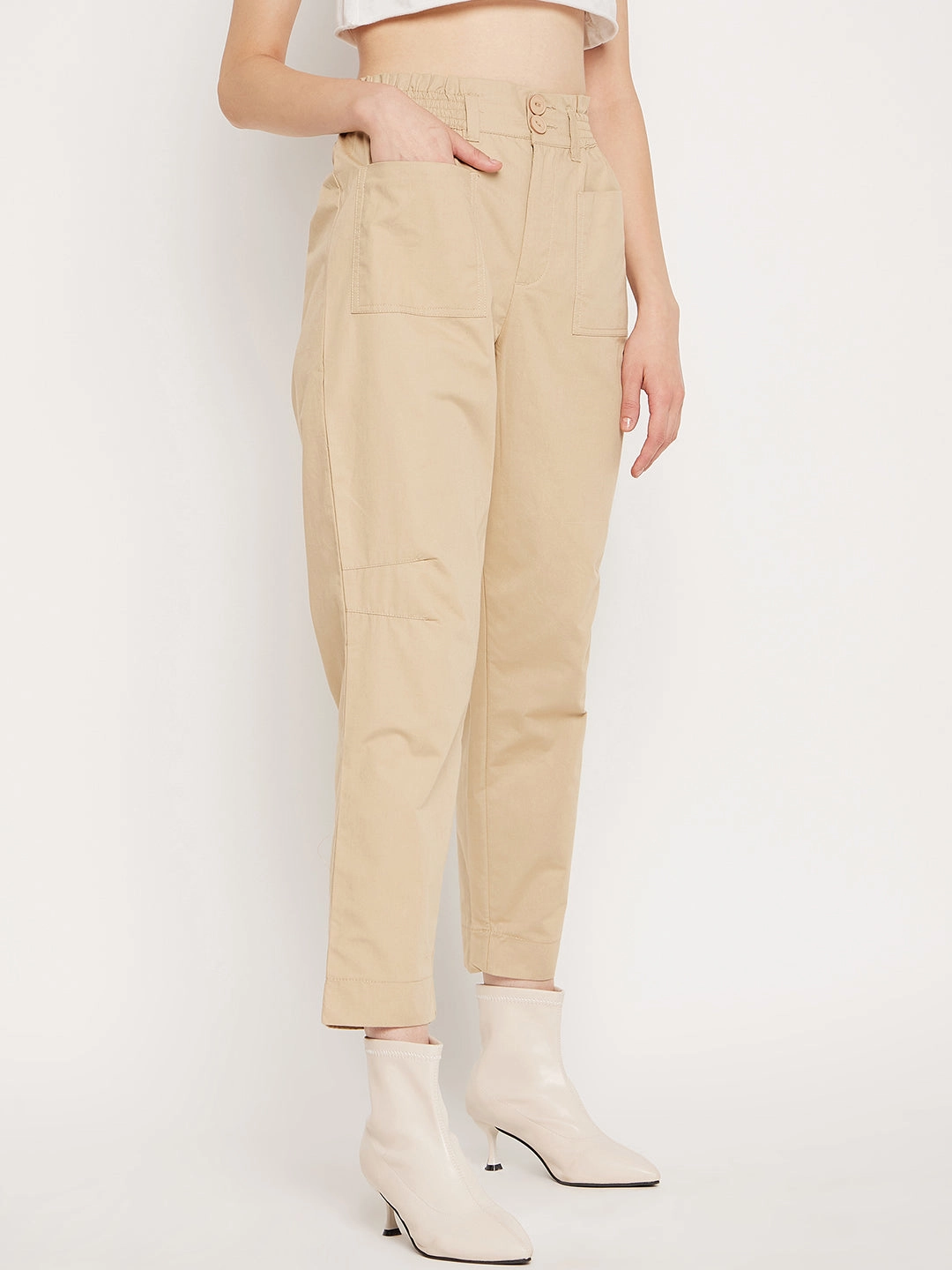 Dark wash RecyclablePackaging Madame Beige Ankle Length Cotton Trousers