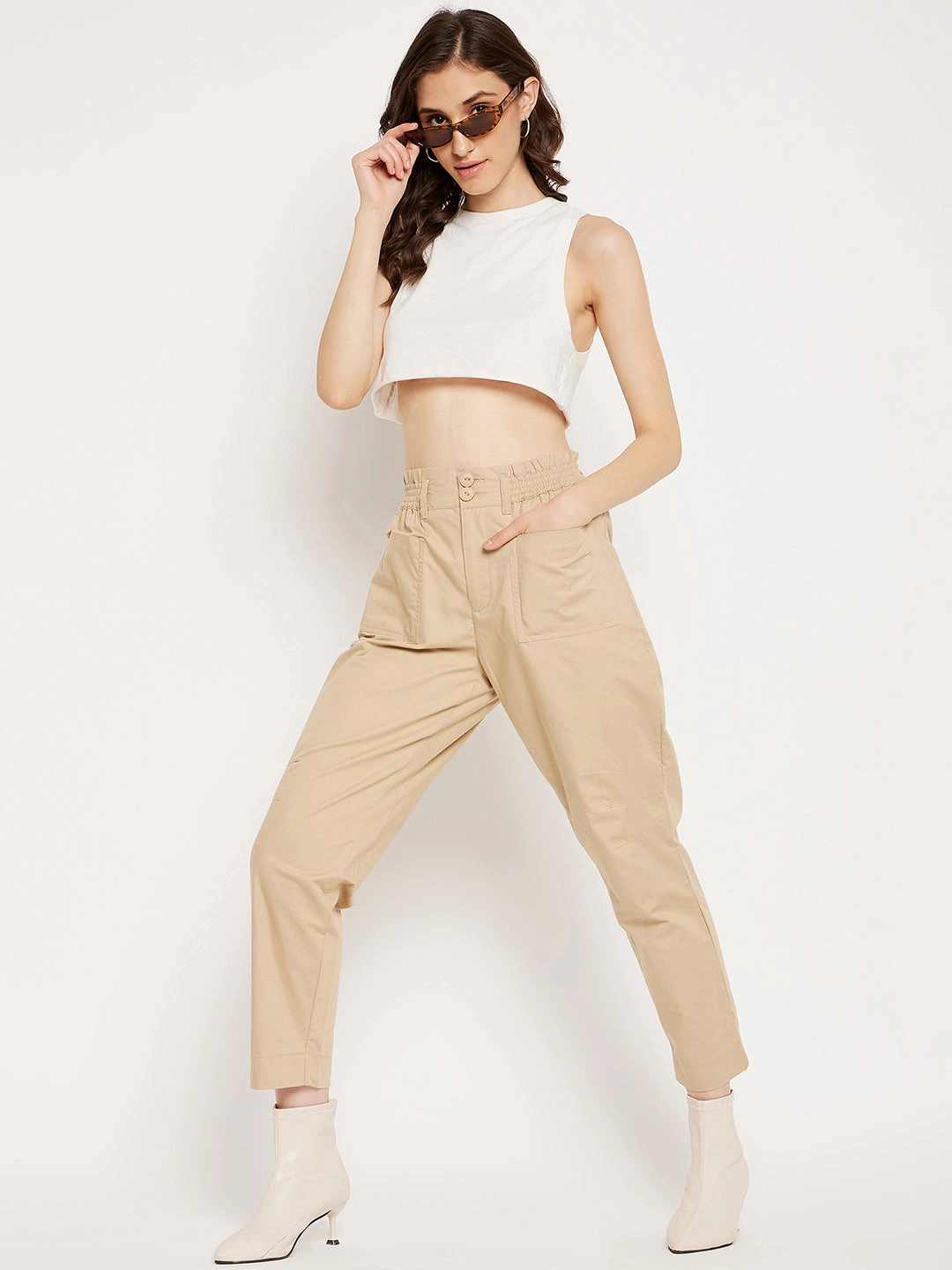 Madame Beige Ankle Length Cotton Trousers Cold Weather Wear Heat Dissipating
