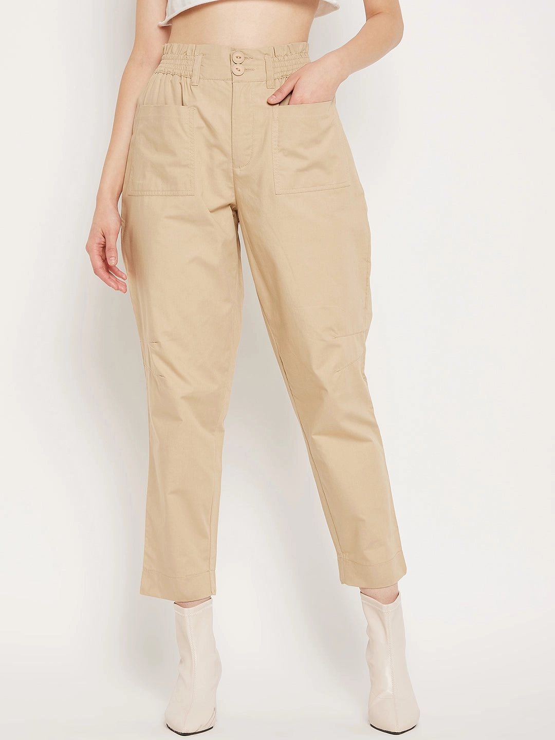 Madame Beige Ankle Length Cotton Trousers High Quality Material Slim Shape