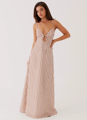 Flora Linen Maxi Dress - Passionfruit Stripe Gentle Texture
