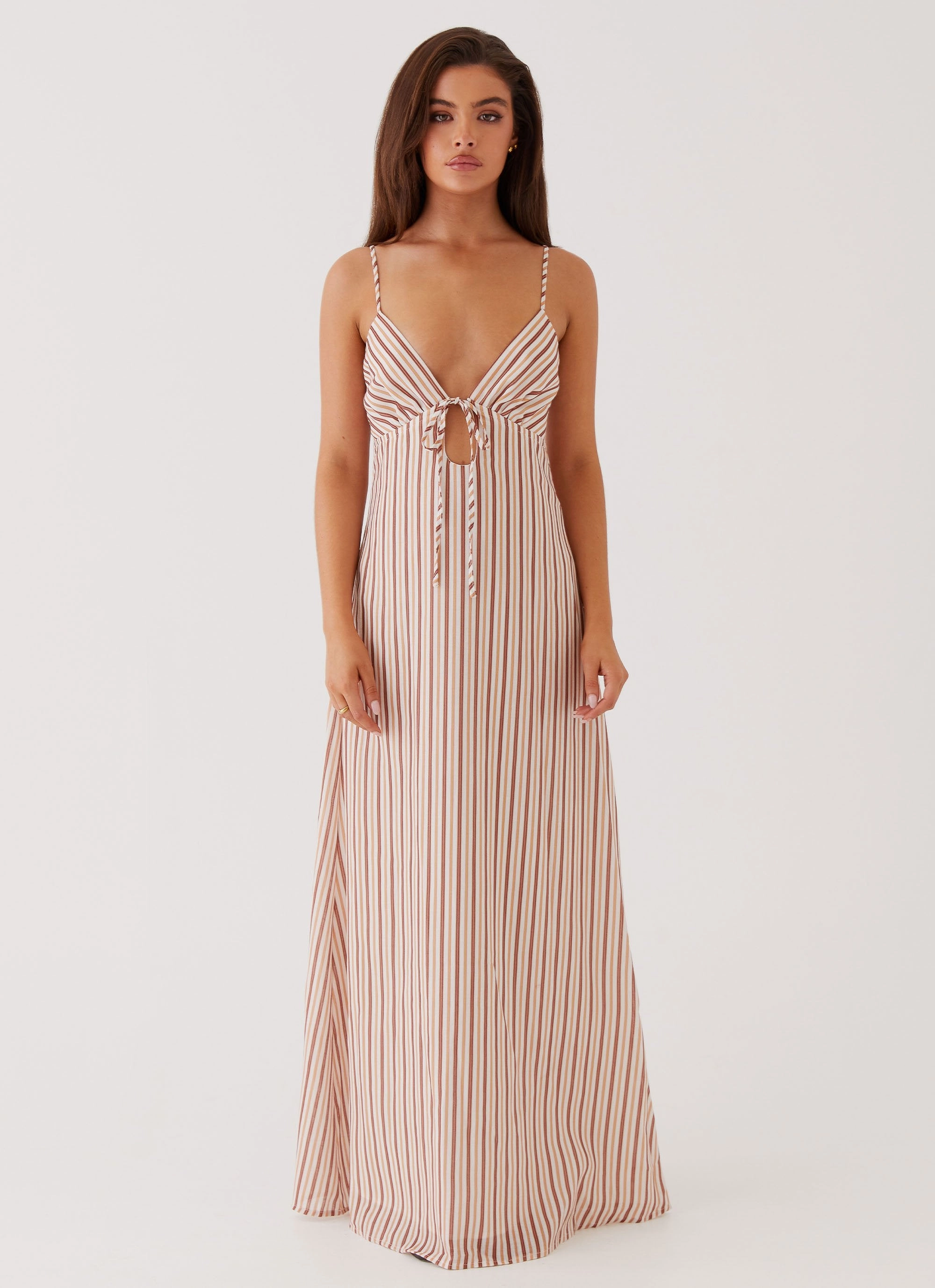 Silky Shine Sophisticated Cut Flora Linen Maxi Dress - Passionfruit Stripe