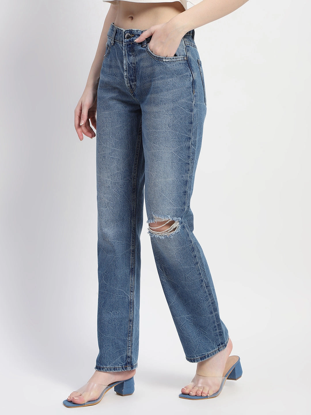 Slim Holiday Vibes Teen Outfit Madame Crushed Ripped Blue Straight Denim