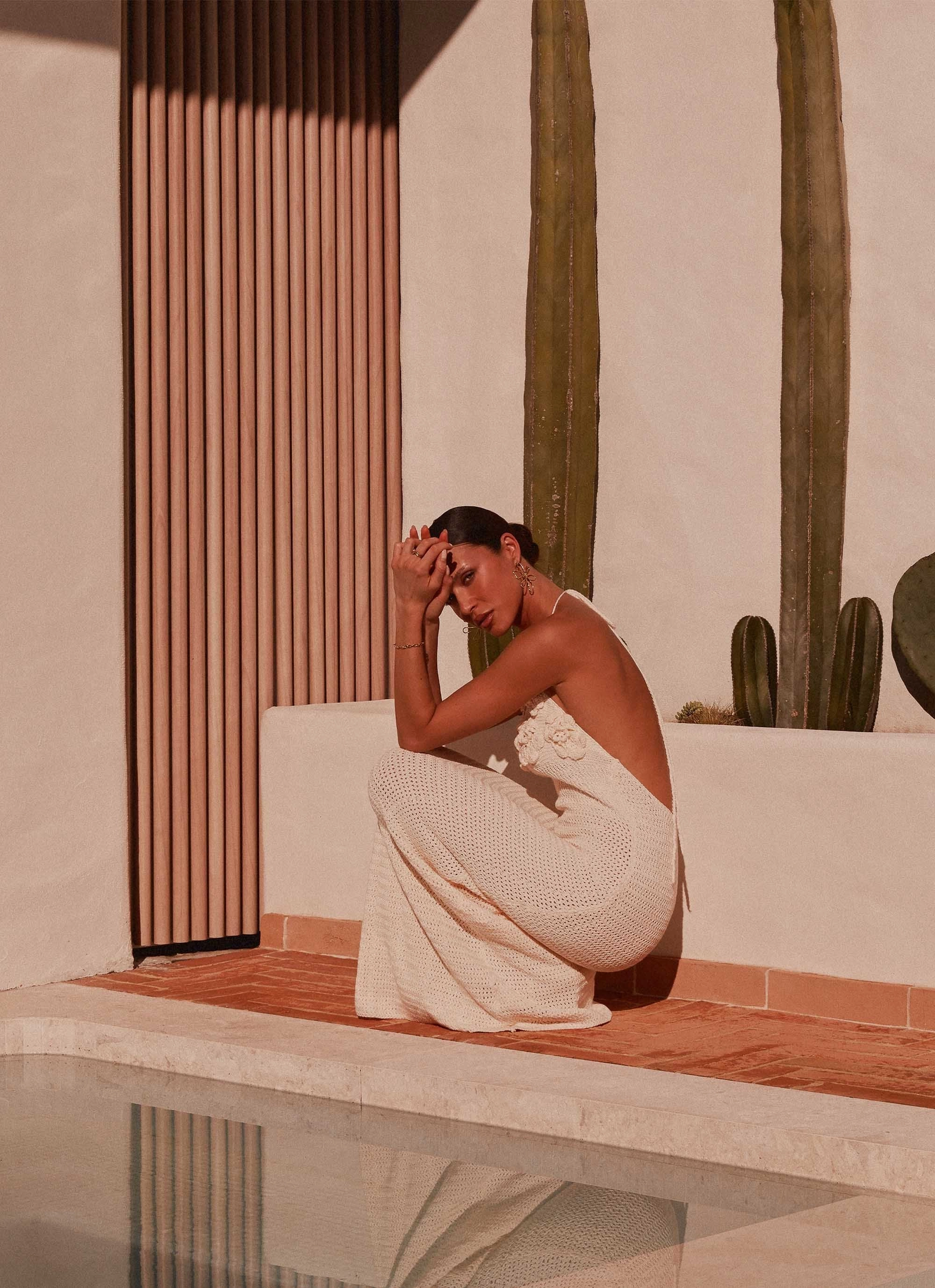 Zara Rose Crochet Maxi Dress - Ivory Calm Energy Velvet-Touch