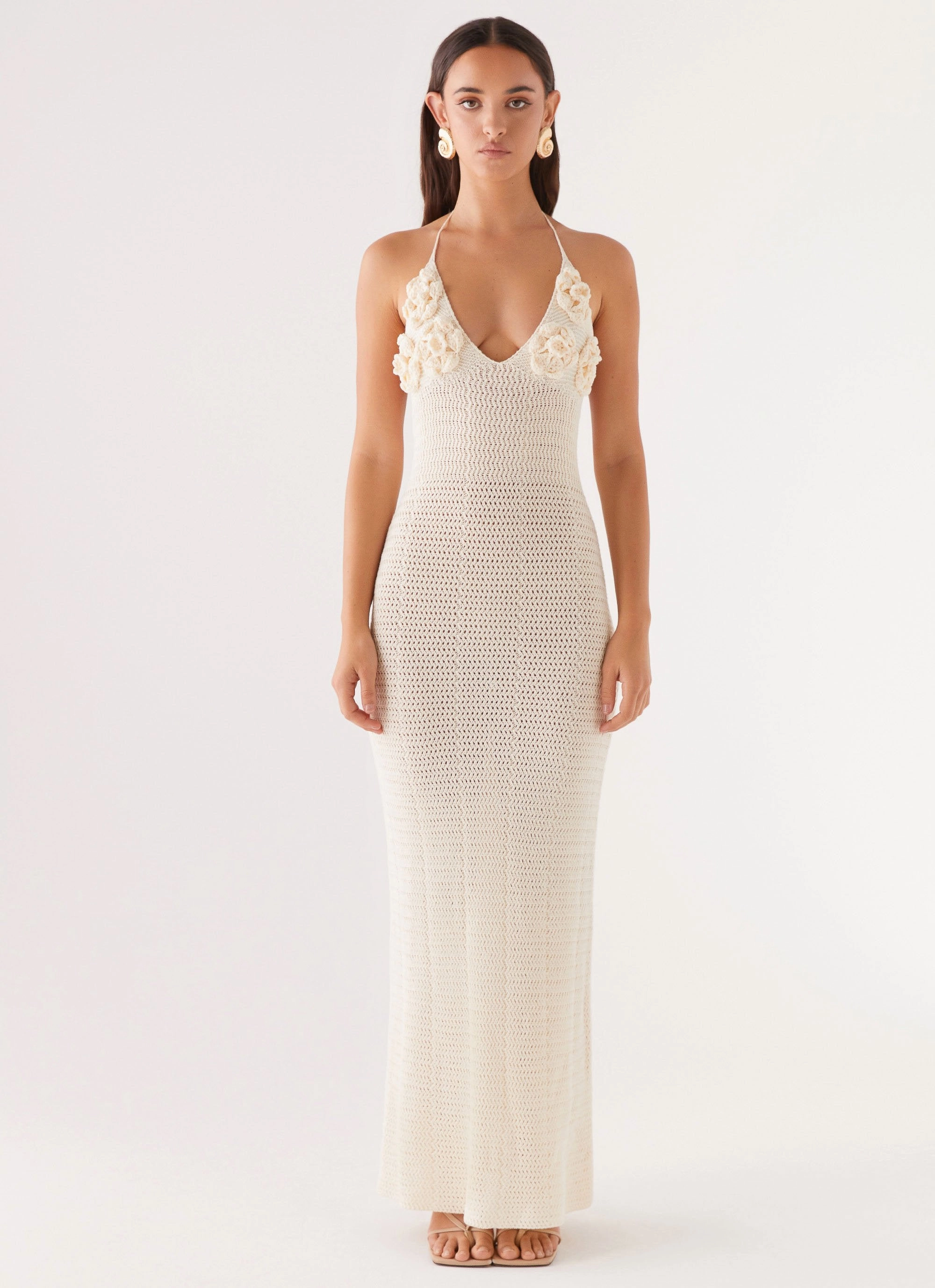 Glam Feel Zara Rose Crochet Maxi Dress - Ivory