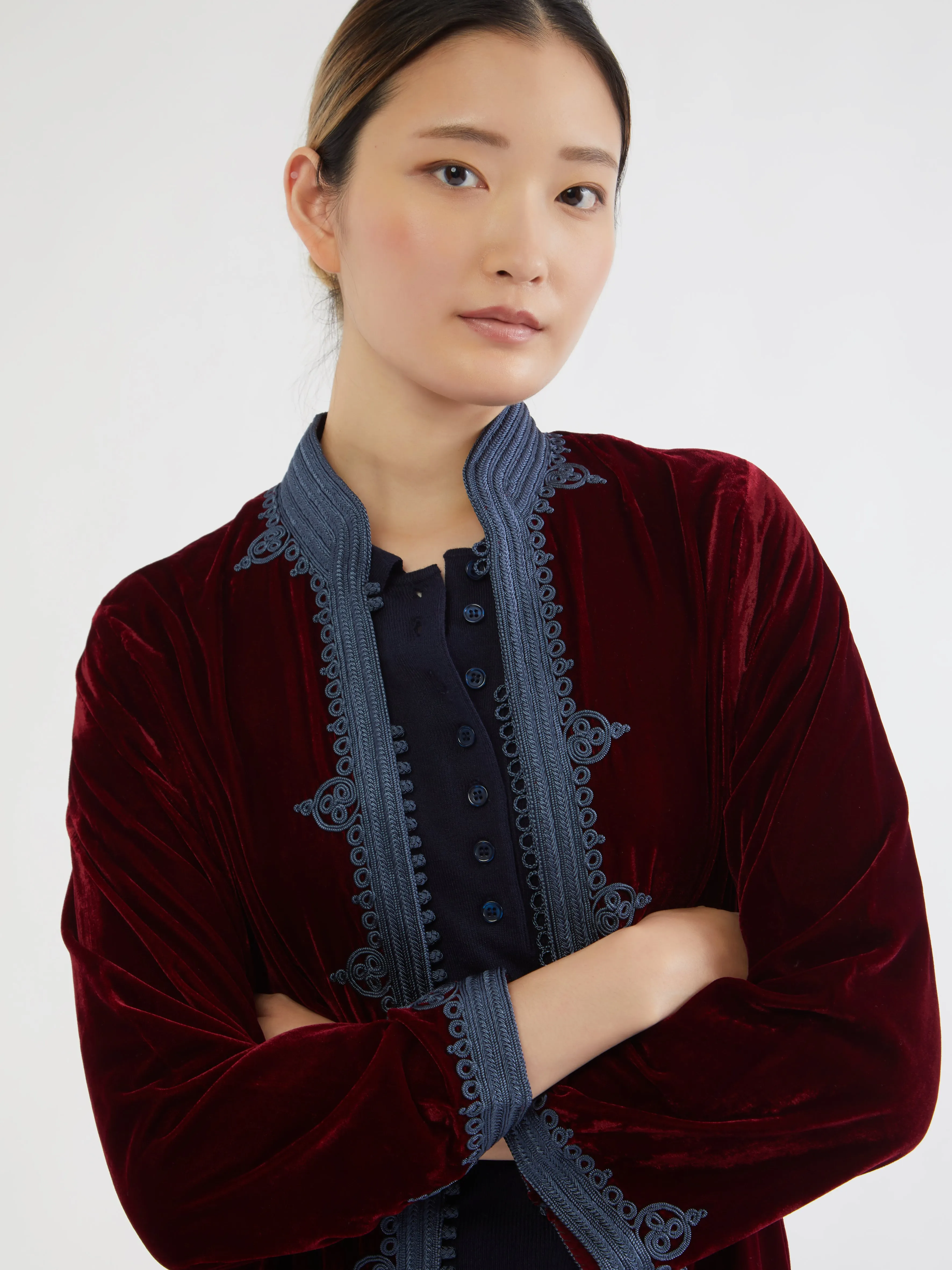 Moroccan velvet coat Contrast Stitch Abrasion Resistant Edging