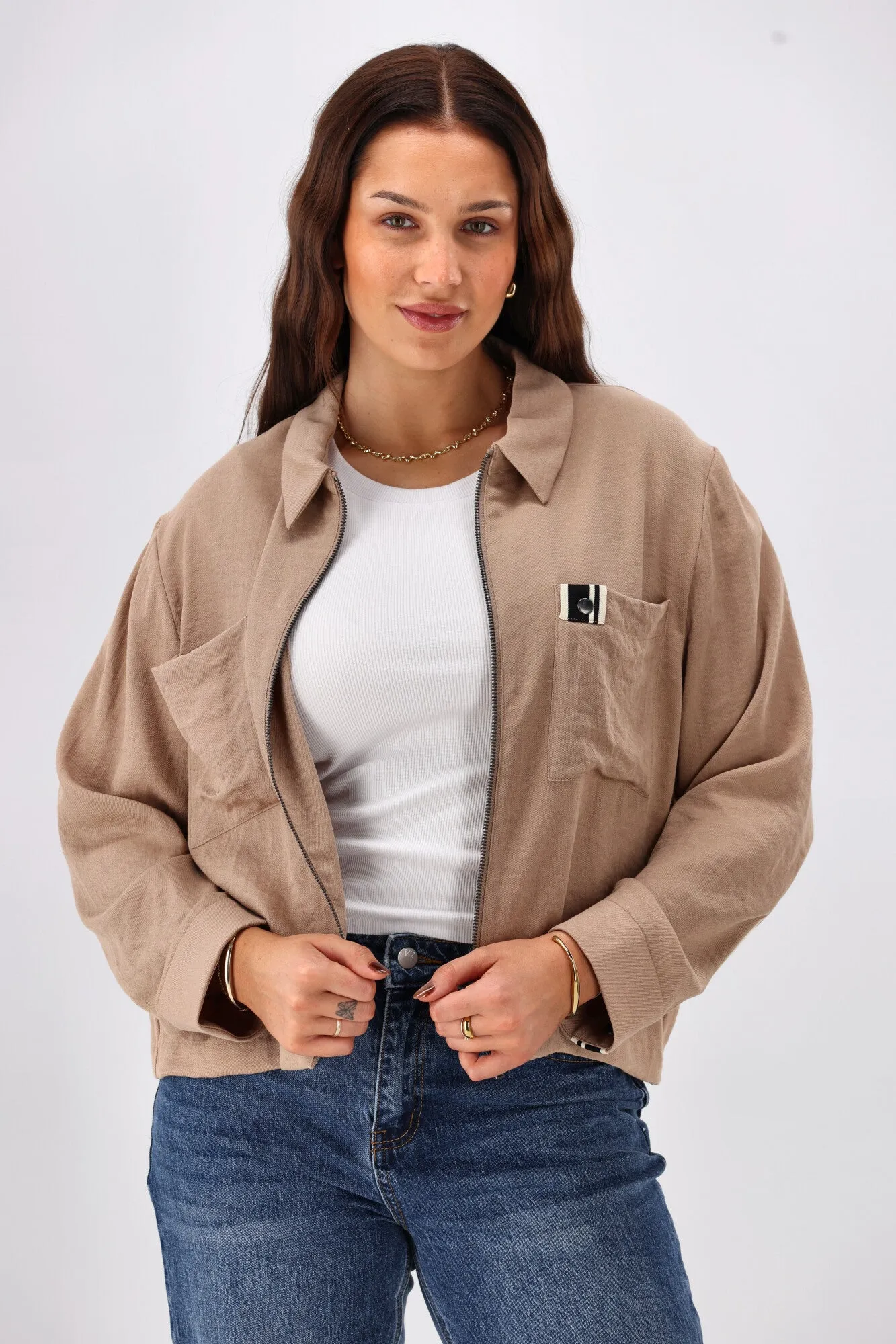 Recycled Material Construction Shine On Label Lulu Zip Collared Jacket Camel