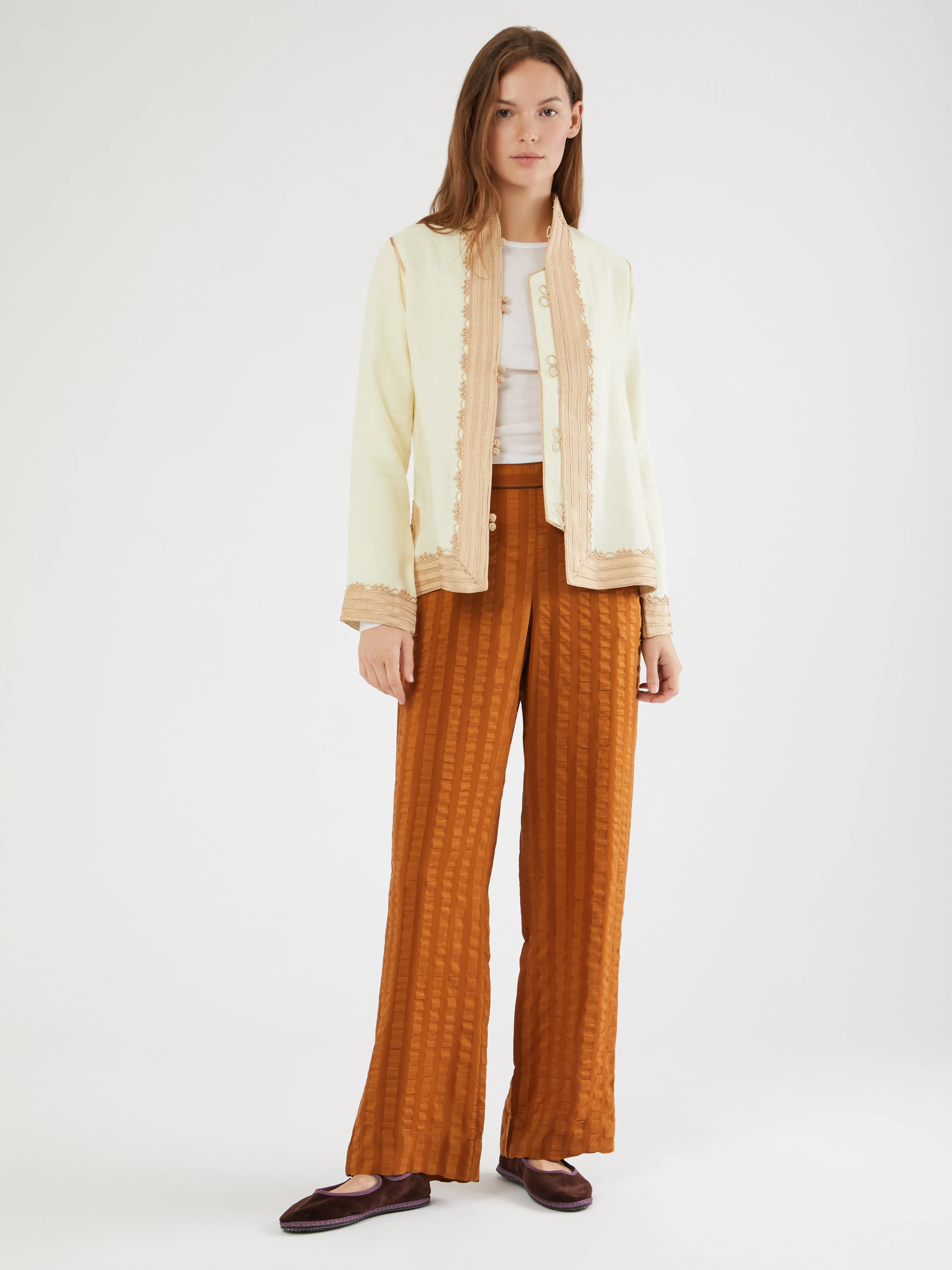 Reflective accents Moroccan linen jacket