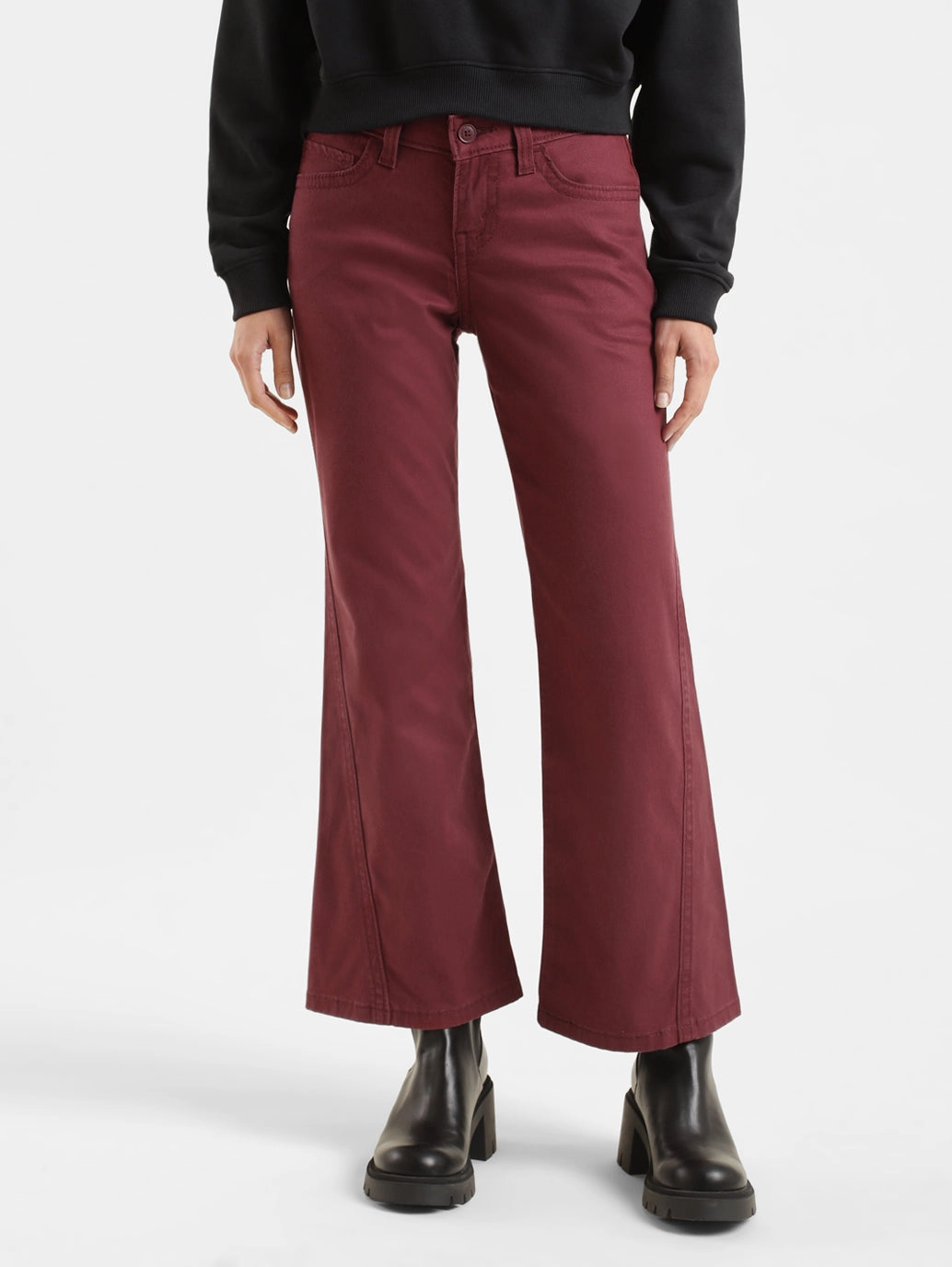 Women's Mid Rise Maroon Relaxed Fit Trousers Essential Waist