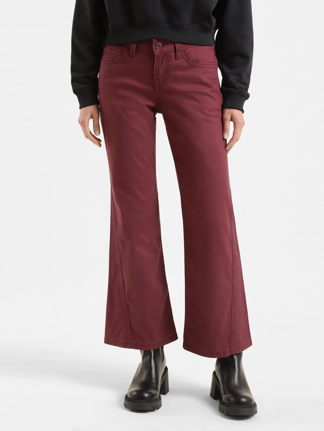 Women's Mid Rise Maroon Relaxed Fit Trousers Flexible Performance Wear Comfy Movement